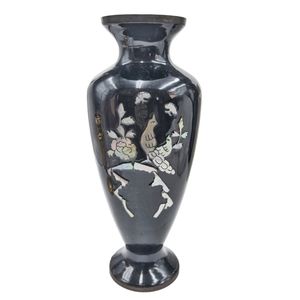 Oriental Black Vase Bird Floral Mother of Pearl Inlay 7.5"